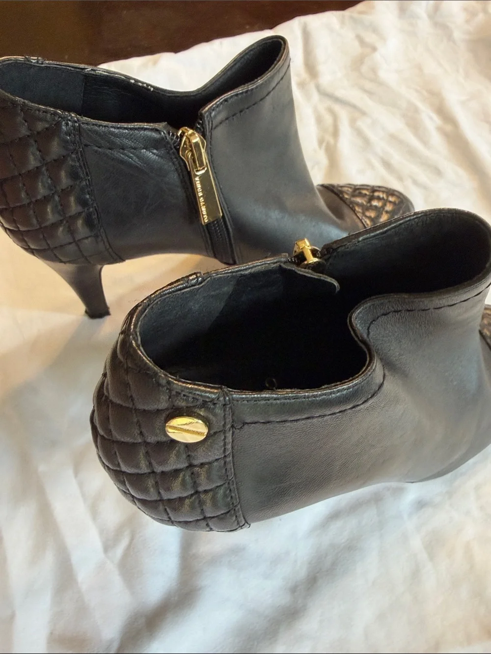 Vince Camuto Black Quilted Cap-Toe Leather Ankle Booties with Gold Zipper